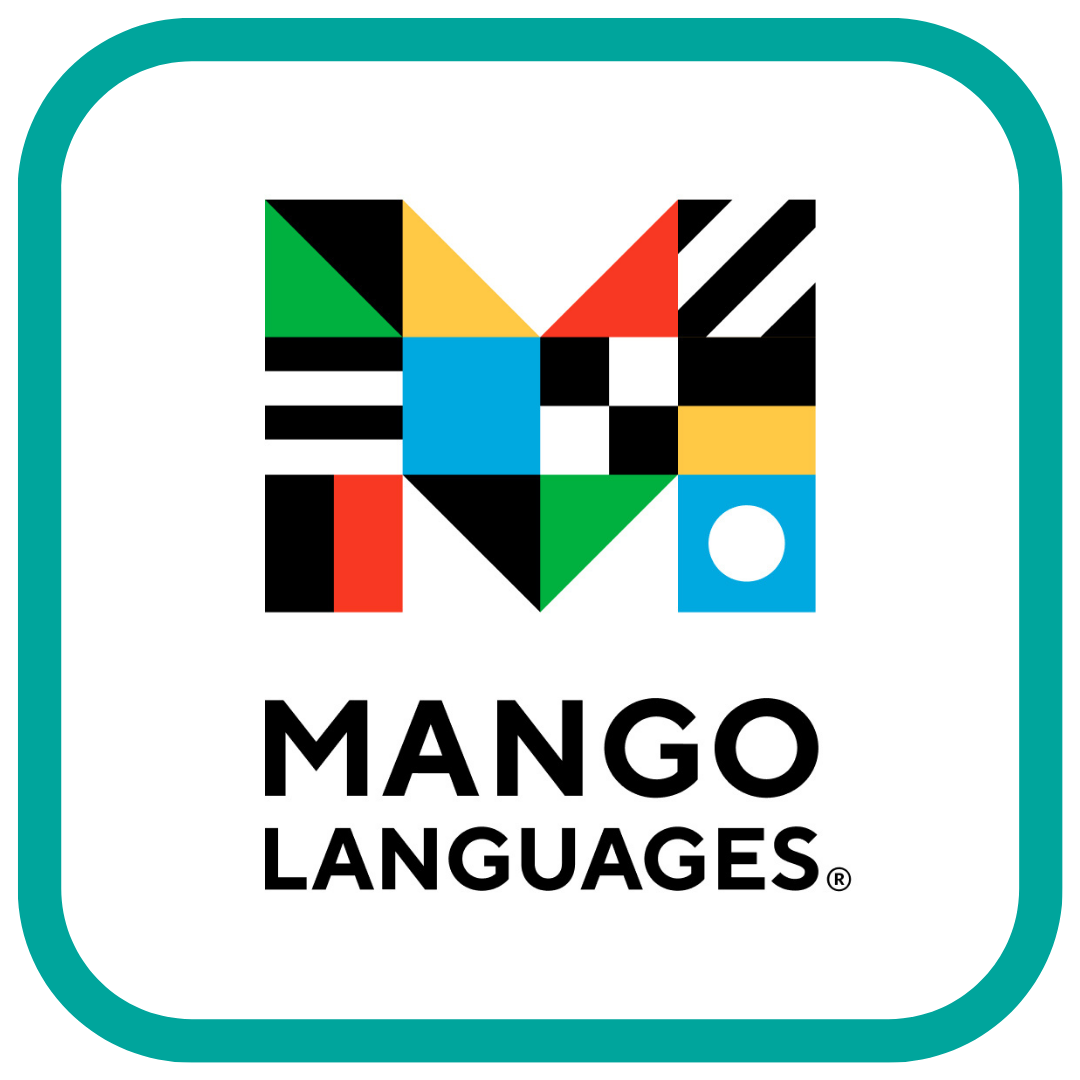 A colorful "M" with abstract patterning on it sits above "MANGO LANGUAGES"