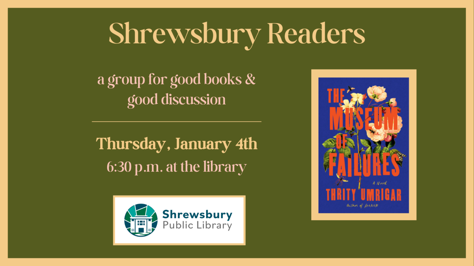 Shrewsbury Public Library Shrewsbury Readers Jan 2024 slide and FB event