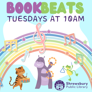 Image of flyer. Book Beats at 10AM with dancing animals with instruments under a rainbow