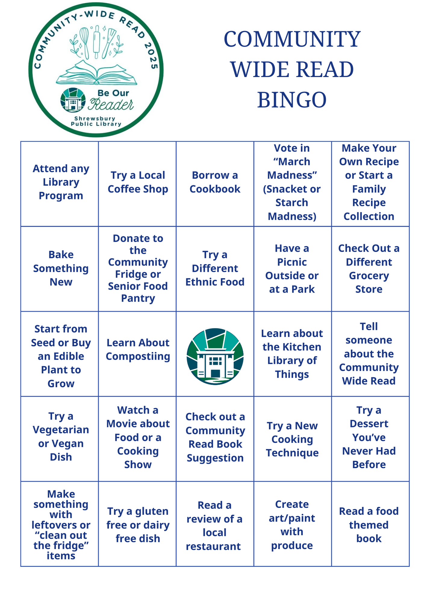 Image of community wide read bingo card.