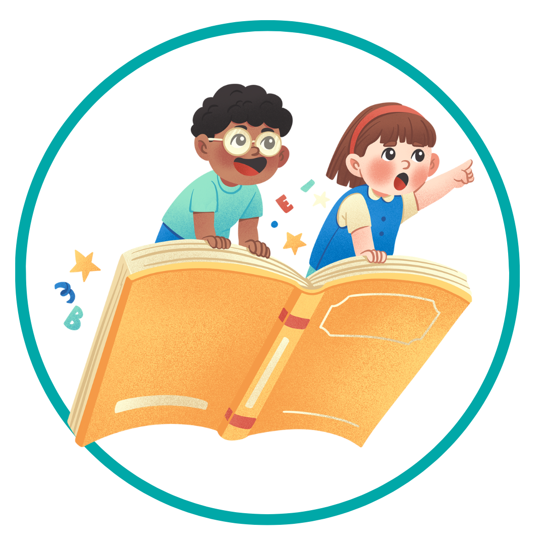 Illustrated button of two children climbing out of a book.