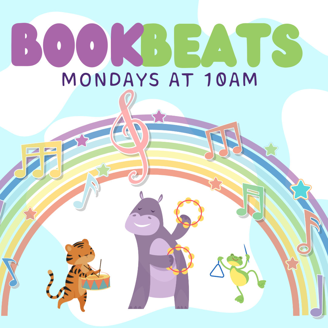 Image of flyer. Book Beats at 10AM with dancing animals with instruments under a rainbow