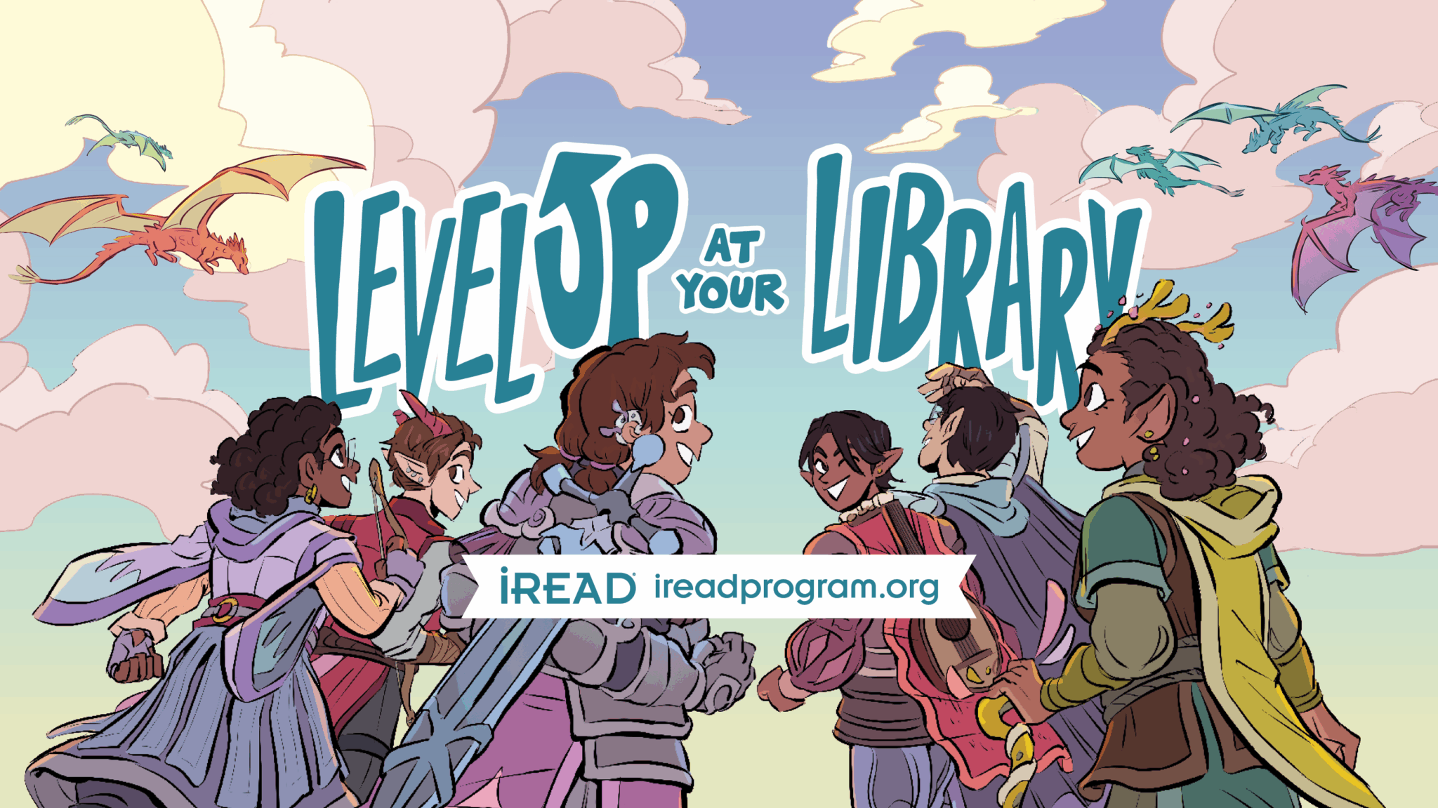 Illustration of a Dungeons and Dragons style adventuring party in fantasy garb with the text "Level Up at you Library"