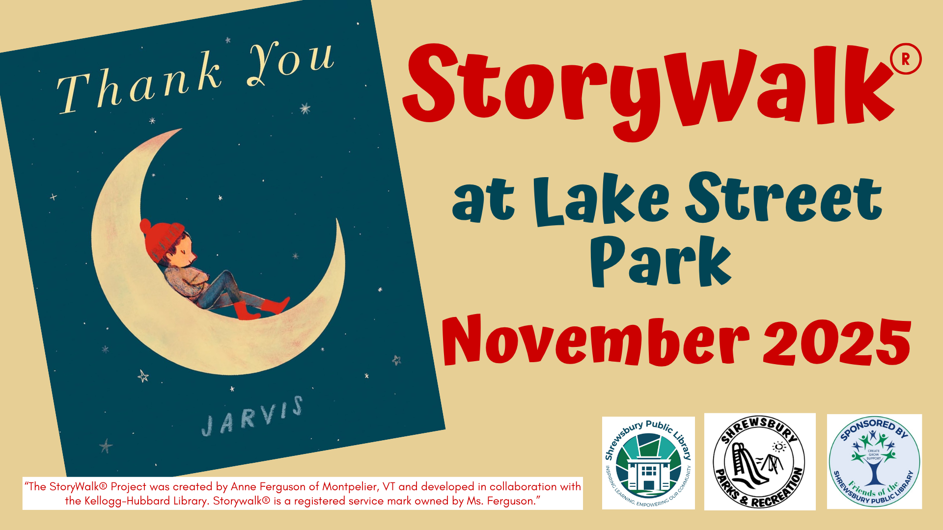 Cover of book Thank You on left, tan background. On right Storywalk at lake street park november 2025 above logos for library and recreation department