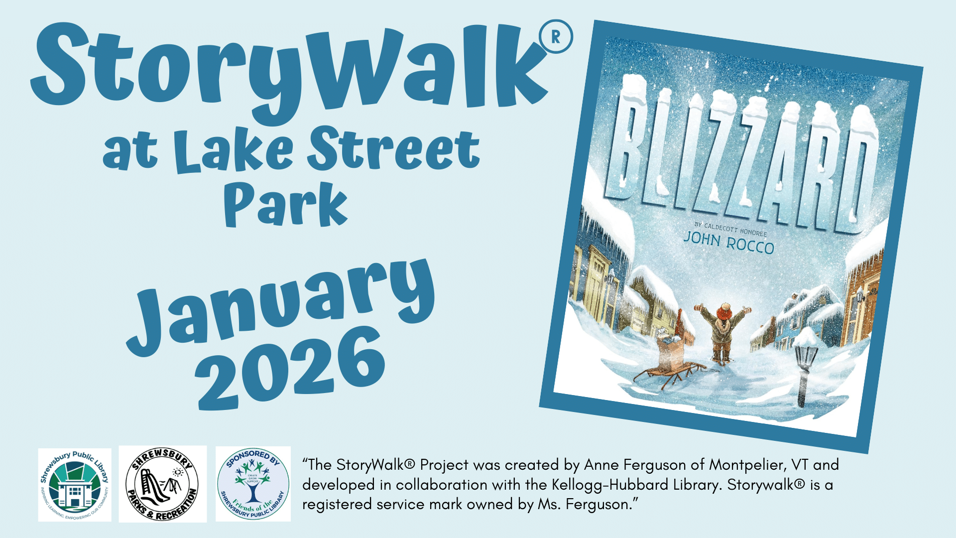 blizzard book cover on right, storywalk at lake street january 2026