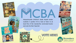 MCBA flyer with QR code to vote for Massachusetts' Children's Book Award 2025-2026.