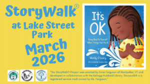 On left half of page, storywalk at lake street park march 2026 above logos for spl, shrewsbury parks, and spl friends. On right half of page book cover for It's OK.