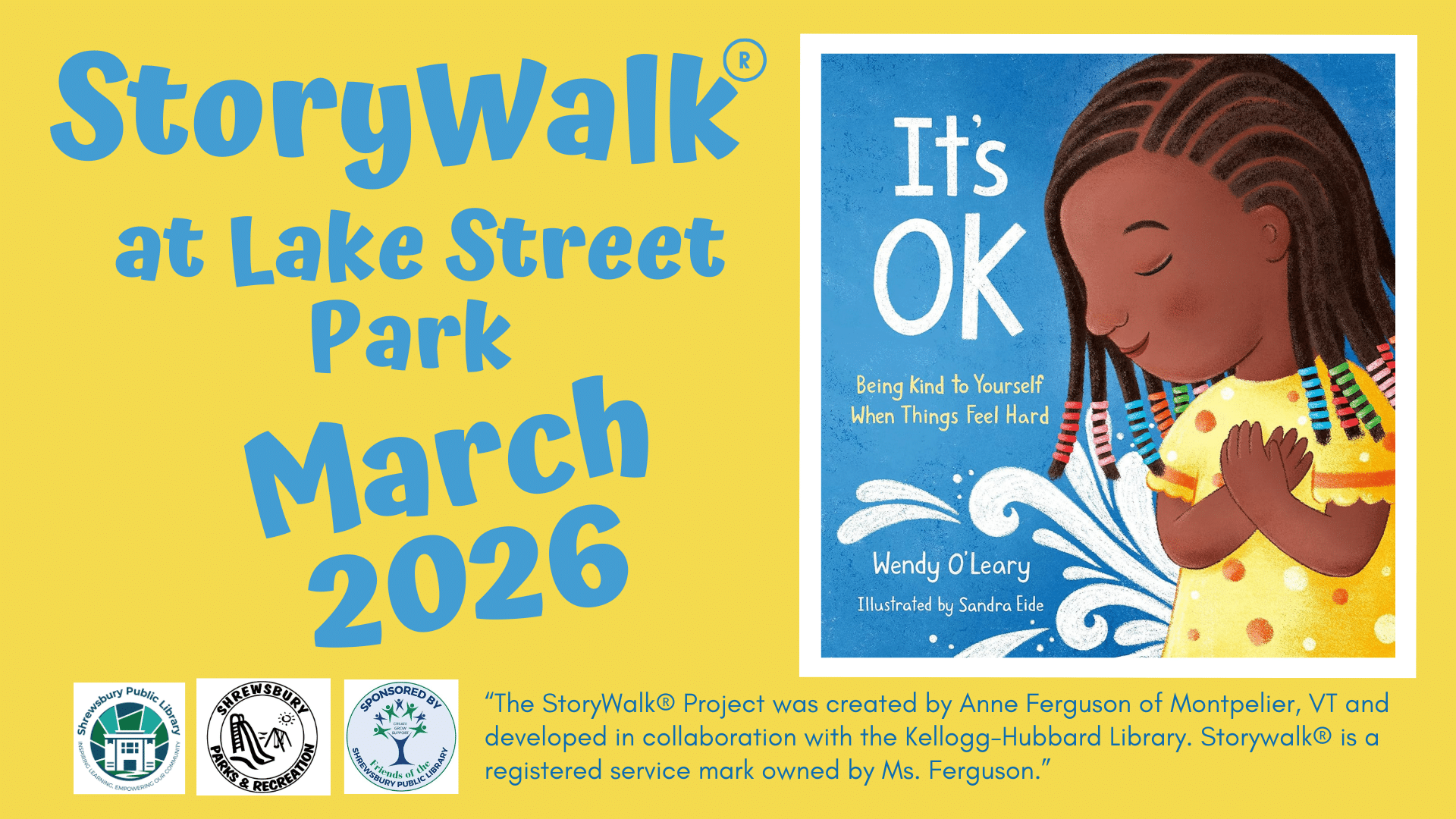 On left half of page, storywalk at lake street park march 2026 above logos for spl, shrewsbury parks, and spl friends. On right half of page book cover for It's OK.